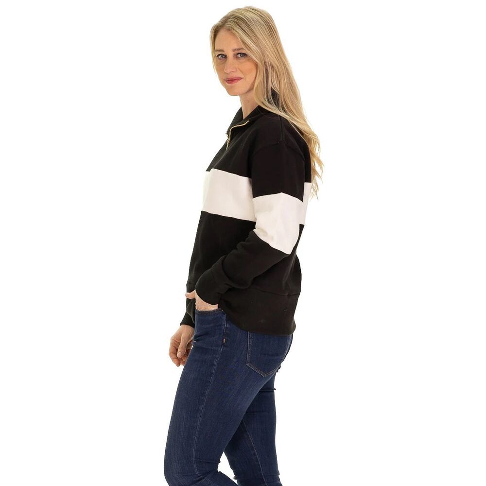 Duffield Lane Lottie Quarter Zip Black White Striped Sweatshirt L